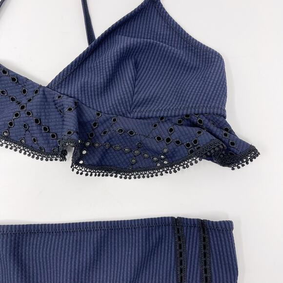 Jonathan Simkhai Striped Ruffle Bikini Set Navy Black Medium Top Small Bottom - Picture 4 of 12